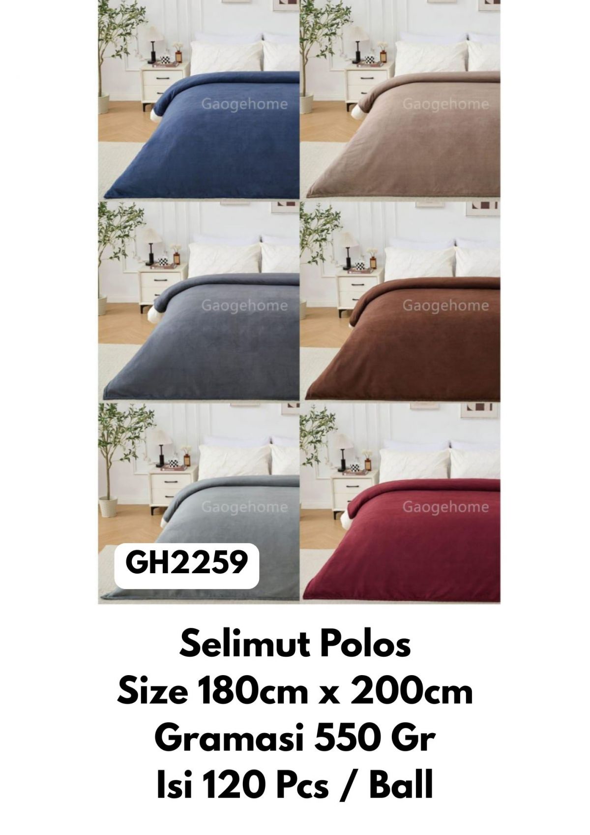 SELIMUT POLOS GH2259 SIZE 180CM * 200CM GRAMASI 550GR ISI 120 PCS