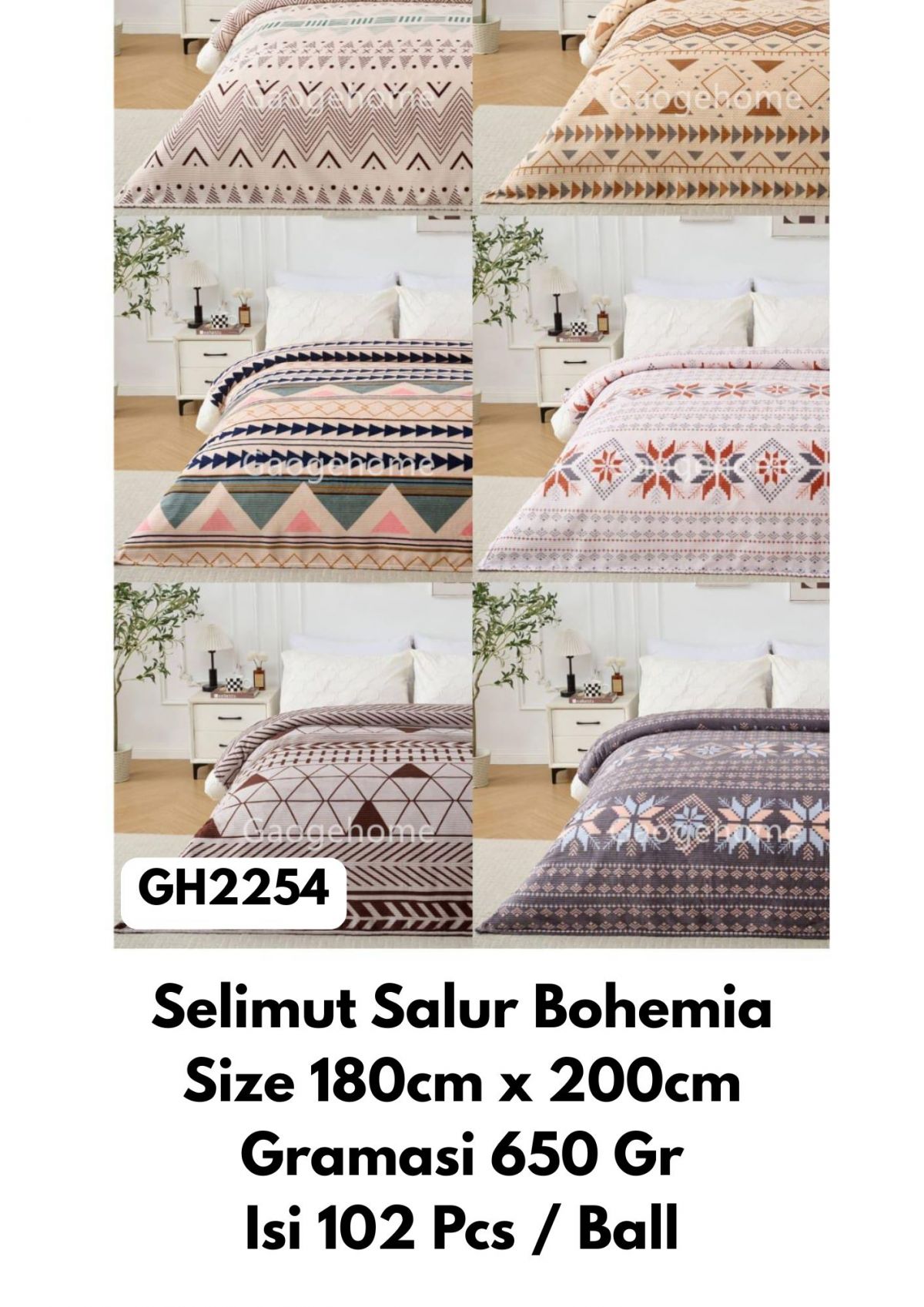 SELIMUT SALUR BOHEMIA GH2254 SIZE 180CM * 200CM GRAMASI 650GR ISI 102 PCS
